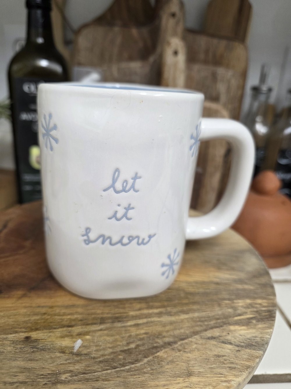 Rae Dunn White Mug with Light Blue Snowflakes - "let it snow"
